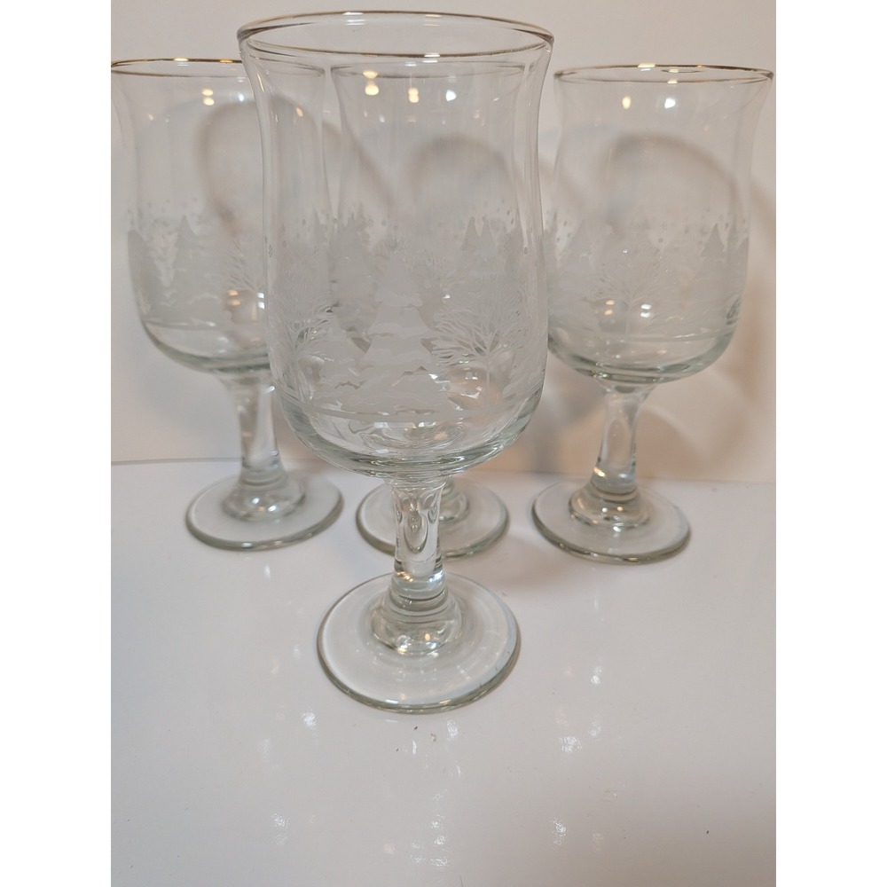 Set of 4 Frosted Winter Forest Silver Rim Stemmed Water Goblets Iced Tea Glasses